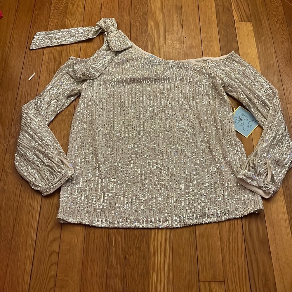 CeCe Silver Sequin One-Shoulder Blouse
